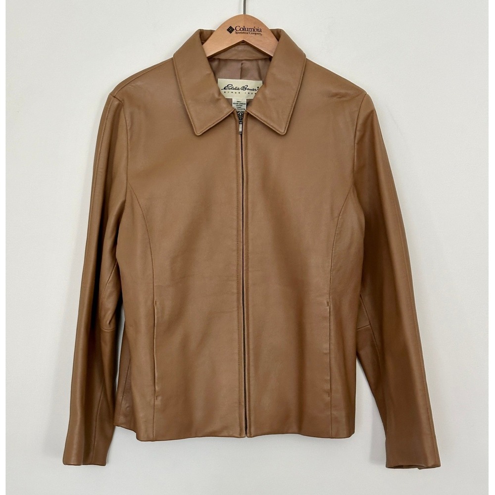 Vintage Eddie Bauer Lambskin Leather Jacket Medium Tan Quiet Luxury Classic 90s